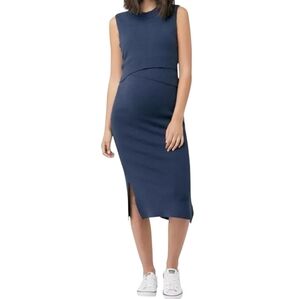 Ripe Maternity Wear | Navy Blue Sleeveless Layered Knit Nursing Dress (Size XL)